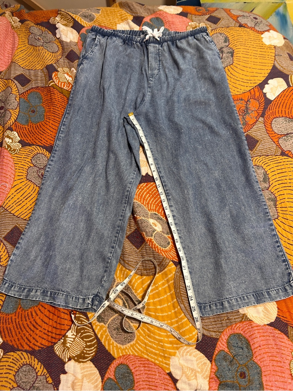 Wide Leg Denim drawstring Pants - Blue